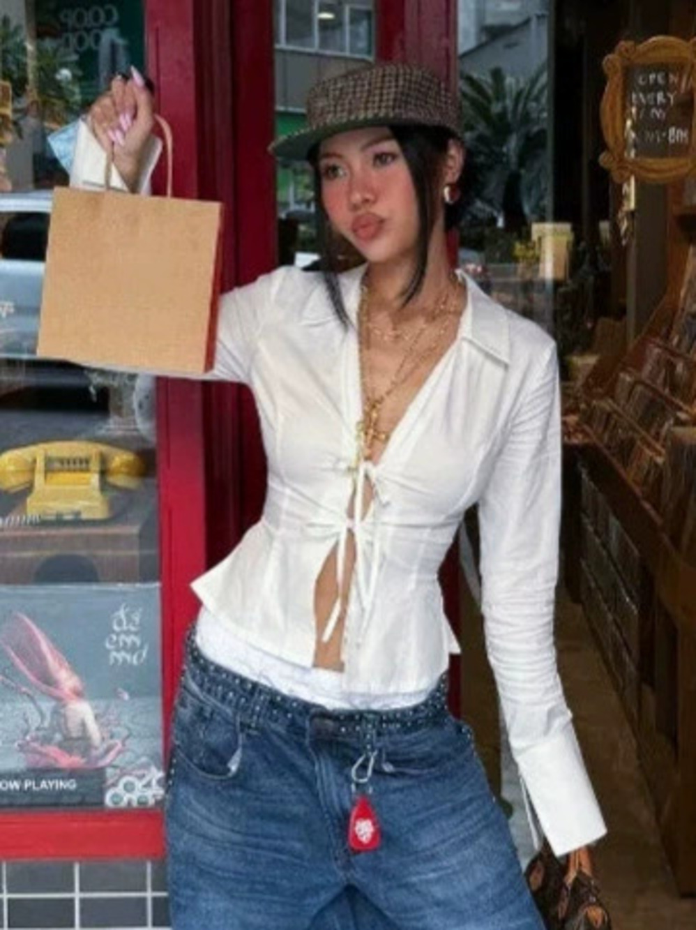Forever 21 Cotton Long Sleeve White Blouse Tie Neck Slim Fit Fall